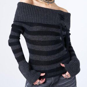 Minga London Cinder Striped Off Shoulder Knit Sweater